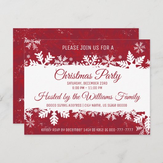 Kerstfeest Uitnodiging Red Rustic Snowflake (Voorkant / Achterkant)