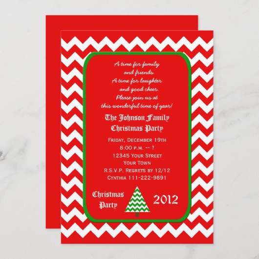 Kerstfeest Uitnodiging Rood en Wit Chevron (Voorkant / Achterkant)