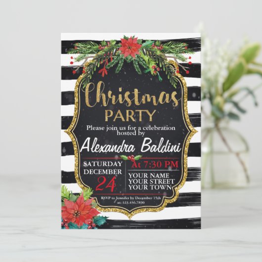 Kerstfeest Uitnodiging, strepen, bloemen Kaart (Staand voorkant)