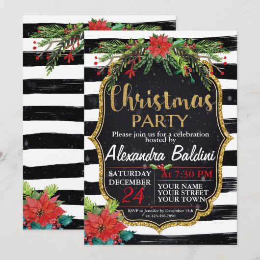 Kerstfeest Uitnodiging, strepen, bloemen Kaart (Voorkant / Achterkant)