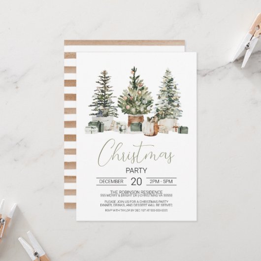 Kerstfeest Uitnodiging, Waterverf kerst Kaart (Voorkant / Achterkant in situ)