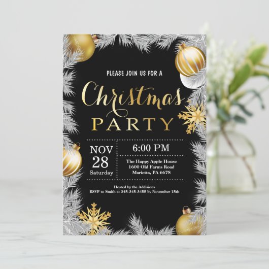 Kerstfeest uitnodiging zwart en goud (Staand voorkant)
