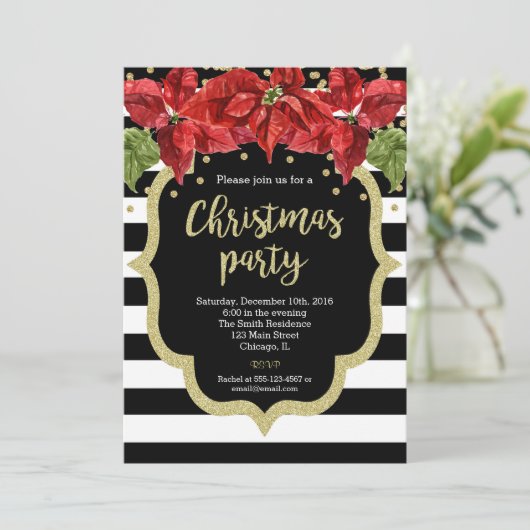 Kerstfeest uitnodiging zwart wit goud (Staand voorkant)