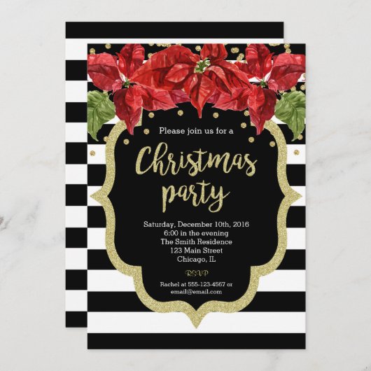 Kerstfeest uitnodiging zwart wit goud (Voorkant / Achterkant)