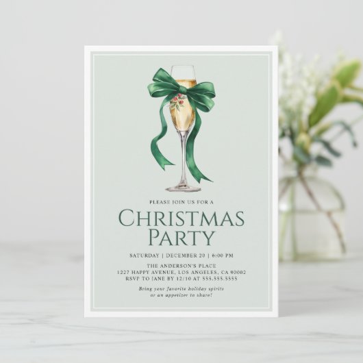 Kerstfeest Vakantie Cocktail Green Bow Modern Kaart (Staand voorkant)
