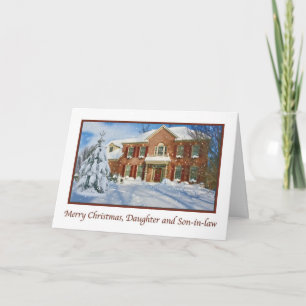 Kerstfeest van de dochter, besneeuwde thuisscène feestdagen kaart
