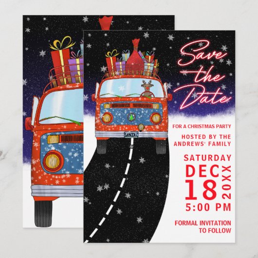 kerstfeest van de rendierpartij Cadeaus Snowy Save The Date (Voorkant / Achterkant)