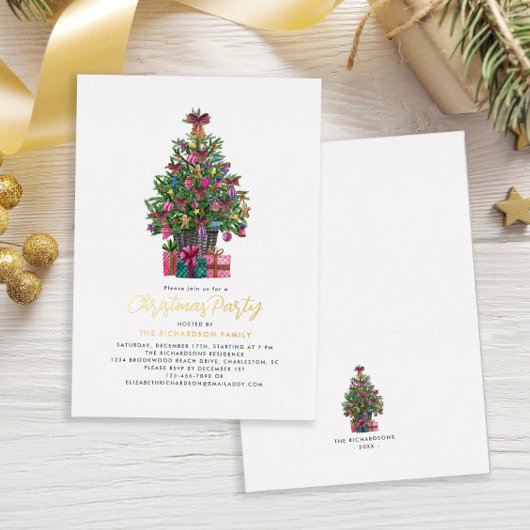 Kerstfeest Versierde Kerstboom Goud Folie Uitnodiging