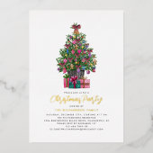 Kerstfeest Versierde Kerstboom Goud Folie Uitnodiging (Voorkant)