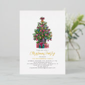 Kerstfeest Versierde Kerstboom Goud Folie Uitnodiging (Staand Voorkant)