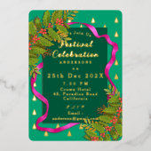 Kerstfeest viering groen folie uitnodiging (Voorkant)