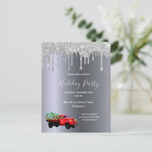 Kerstfeest viering zilver glitter vrachtwagen uitn briefkaart (Staand voorkant)