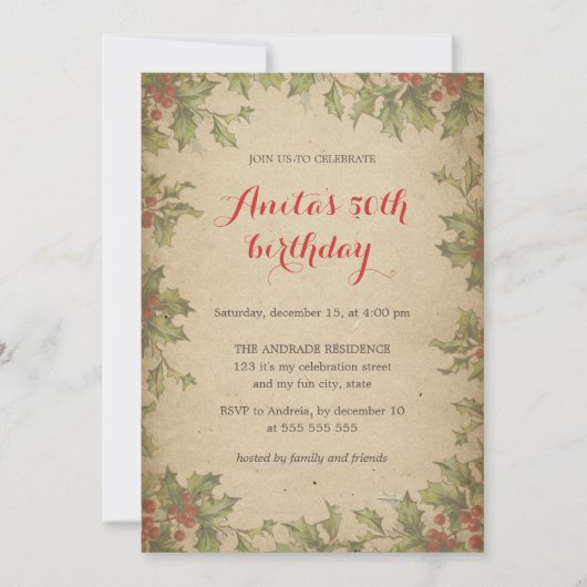 Kerstfeest Vintage Holly Krans 50e Kaart (Voorkant)