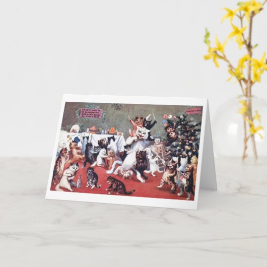 Kerstfeest voor katten met katjes, Louis Wain kaar Kaart (Gele Bloem)