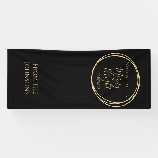 Kerstfeest Vrolijk en helder zwart goud Spandoek (Horizontaal)