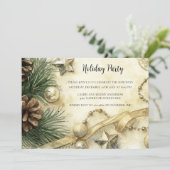 Kerstfeest Watercolor Uitnodiging Denneappel Goud (Staand voorkant)