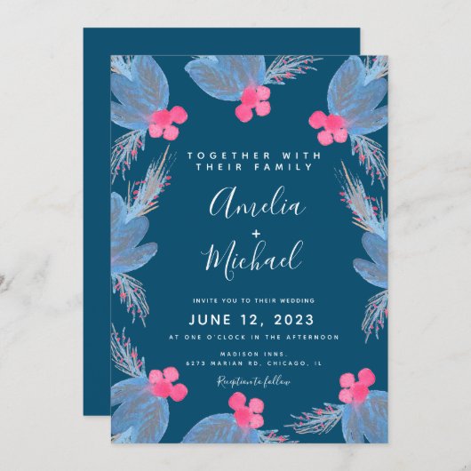 kerstfeest Waterverf Berry Blue Botanical Weddensc Kaart (Voorkant / Achterkant)