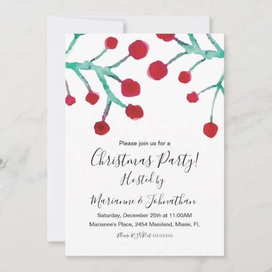 Kerstfeest Waterverf Bessen Handgeschilderd Kaart (Voorkant)