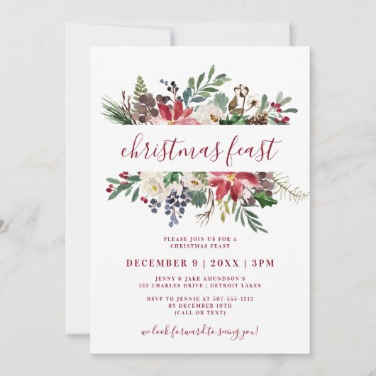 Kerstfeest Waterverf Bourgondië & Navy Bloemen Kaart (Voorkant)