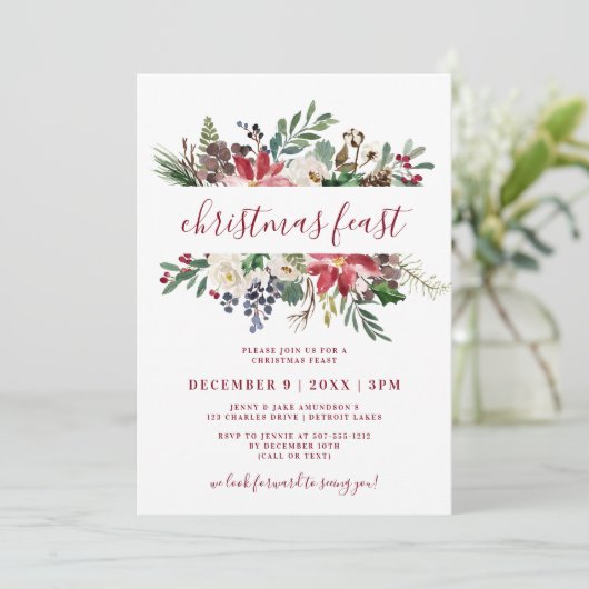 Kerstfeest Waterverf Bourgondië & Navy Bloemen Kaart (Staand voorkant)