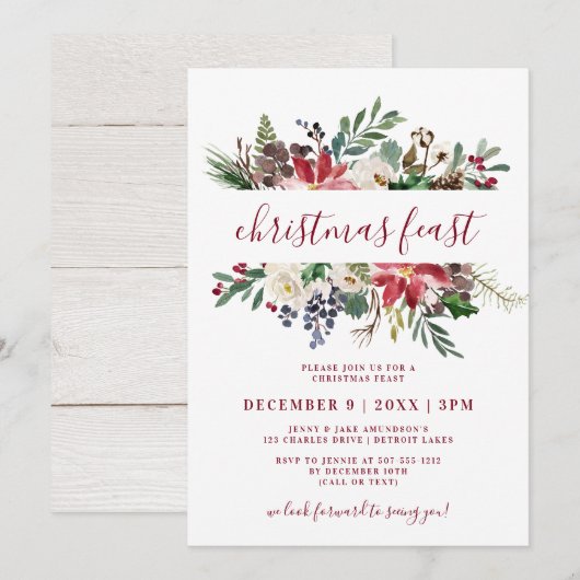 Kerstfeest Waterverf Bourgondië & Navy Bloemen Kaart (Voorkant / Achterkant)