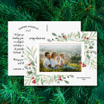 Kerstfeest Waterverf Greenery Berries Familie Foto Briefkaart<br><div class="desc">Viel het seizoen met dit leuke briefkaart met je foto omringd door een lijst van het folieblad van de waterverf en je aangepaste notitie op de achterkant. Of, als u zou willen, schrap de getypte nota op de rug en schrijf individueel elk briefkaart met de hand. Voeg je retouradres toe...</div>