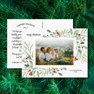 Kerstfeest Waterverf Greenery Berries Familie Foto Briefkaart