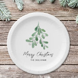 Kerstfeest Waterverf Greenery Papieren Bordje<br><div class="desc">Deze feestelijke papieren borden zijn versierd met waterverf groene maretak en zeggen Vrolijk kerstfeest in stijlvolle typografie. Gemakkelijk aan te passen. Originele aquarel © Michele Davies.</div>