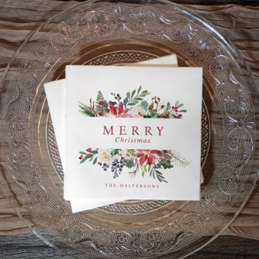 Kerstfeest Waterverf Greenery Poinsettia Servet