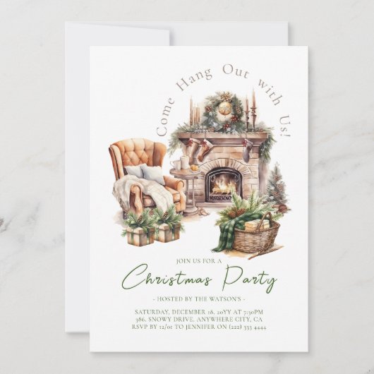 Kerstfeest Waterverf Haard Sfeervol Kaart (Voorkant)