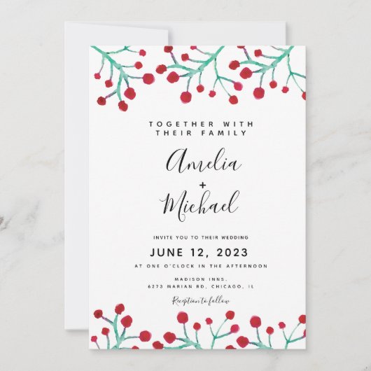 Kerstfeest Waterverf Rode Berry Botanical Weddensc Kaart (Voorkant)