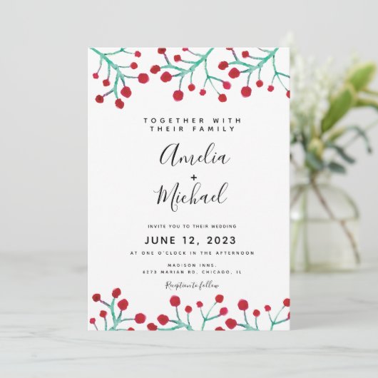 Kerstfeest Waterverf Rode Berry Botanical Weddensc Kaart (Staand voorkant)