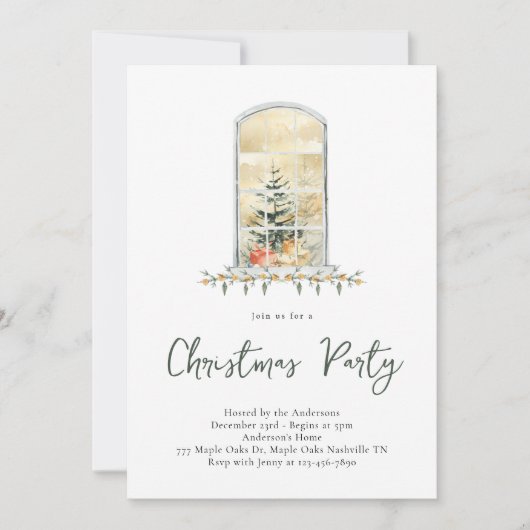 Kerstfeest Waterverf Snowy Window Invitation Kaart (Voorkant)