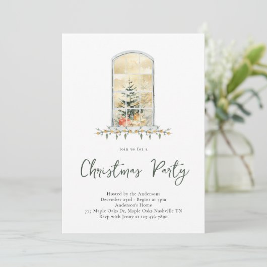 Kerstfeest Waterverf Snowy Window Invitation Kaart (Staand voorkant)