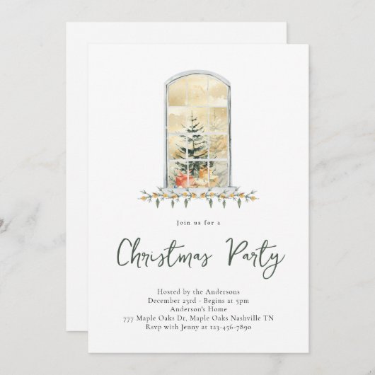 Kerstfeest Waterverf Snowy Window Invitation Kaart (Voorkant / Achterkant)