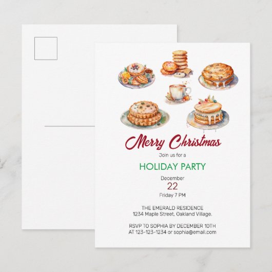 Kerstfeest Waterverf Uitnodiging Briefkaart (Voorkant / Achterkant)