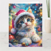 Kerstfeest Waterverf van Sweet Kitten in Roze Pet Kaart (Voorkant)