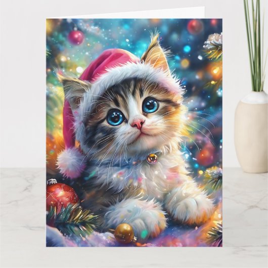 Kerstfeest Waterverf van Sweet Kitten in Roze Pet Kaart (Voorkant)
