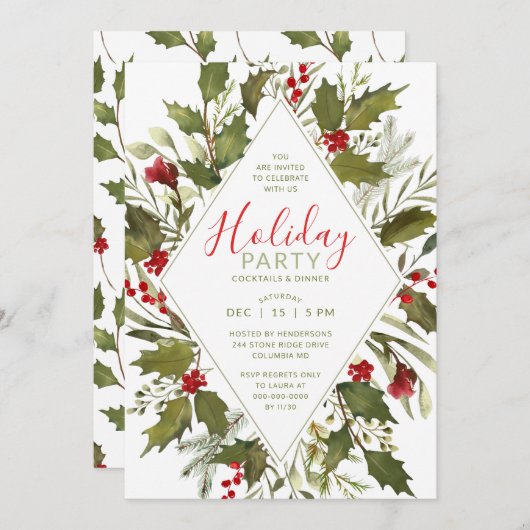 Kerstfeest Waterverf Vintage Holly Greenery Kaart (Voorkant / Achterkant)