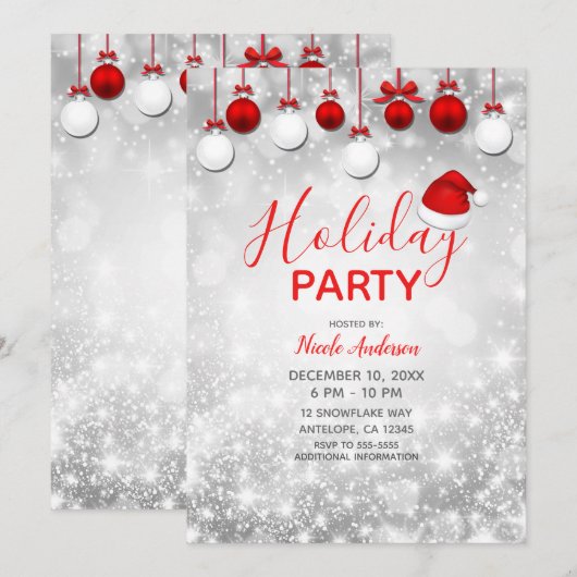 Kerstfeest Winter Rood Wit Glitterende Ornamenten Kaart (Voorkant / Achterkant)