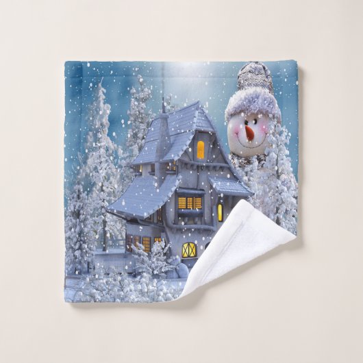 Kerstfeest Winter White Snowman Blue Rustic Bad Handdoek (Wasdoekje)