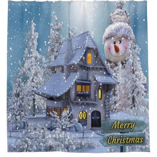 Kerstfeest Winter White Snowman Blue Rustic Douchegordijn (Voorkant)