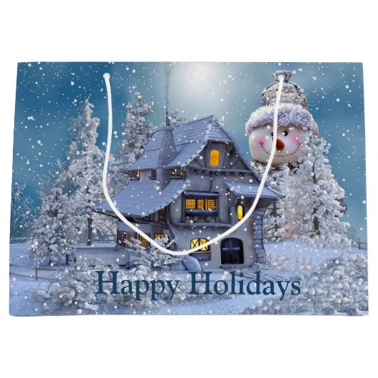 Kerstfeest Winter White Snowman Blue Rustic Groot Cadeauzakje (Voorkant)