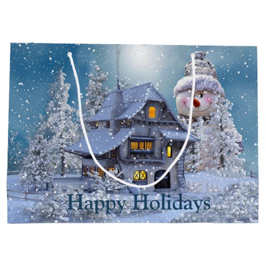 Kerstfeest Winter White Snowman Blue Rustic Groot Cadeauzakje (Achterkant)