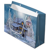 Kerstfeest Winter White Snowman Blue Rustic Groot Cadeauzakje (Voorkant Gekanteld)