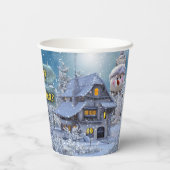 Kerstfeest Winter White Snowman Blue Rustic Papieren Bekers (Achterkant)