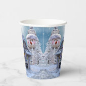 Kerstfeest Winter White Snowman Blue Rustic Papieren Bekers (Rechts)