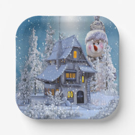 Kerstfeest Winter White Snowman Blue Rustic Papieren Bordje