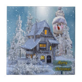 Kerstfeest Winter White Snowman Blue Rustic Tegeltje (Voorkant)