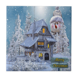 Kerstfeest Winter White Snowman Blue Rustic Tegeltje